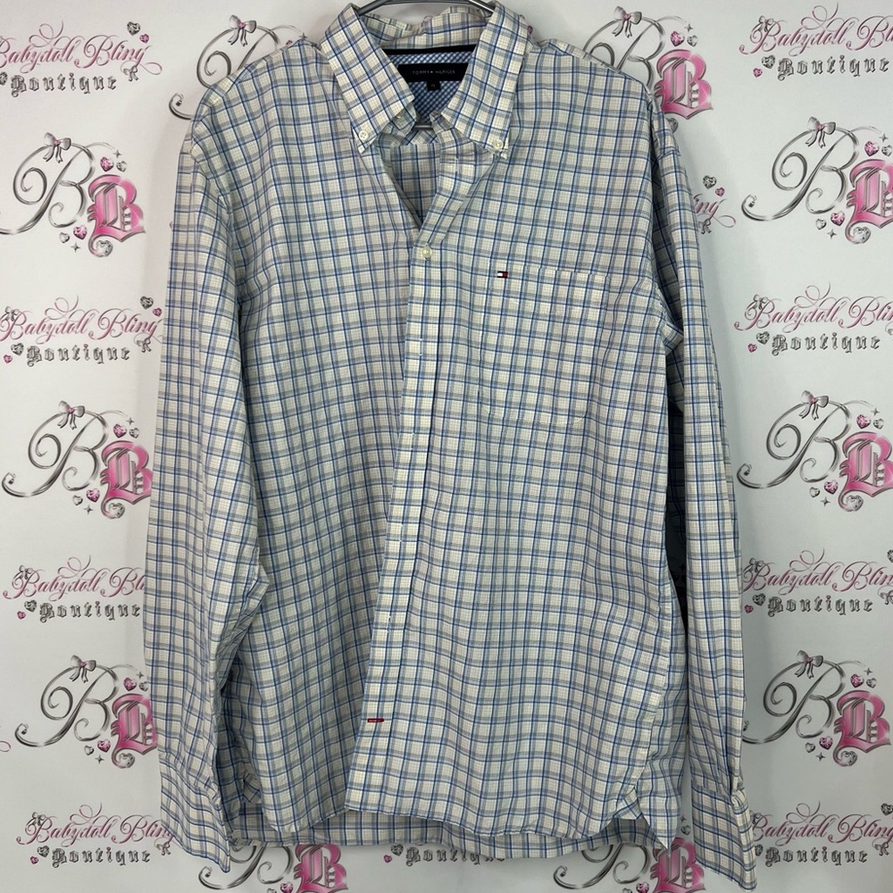 Tommy Hilfiger button down collared Men's White and Blue Plaid Shirt top